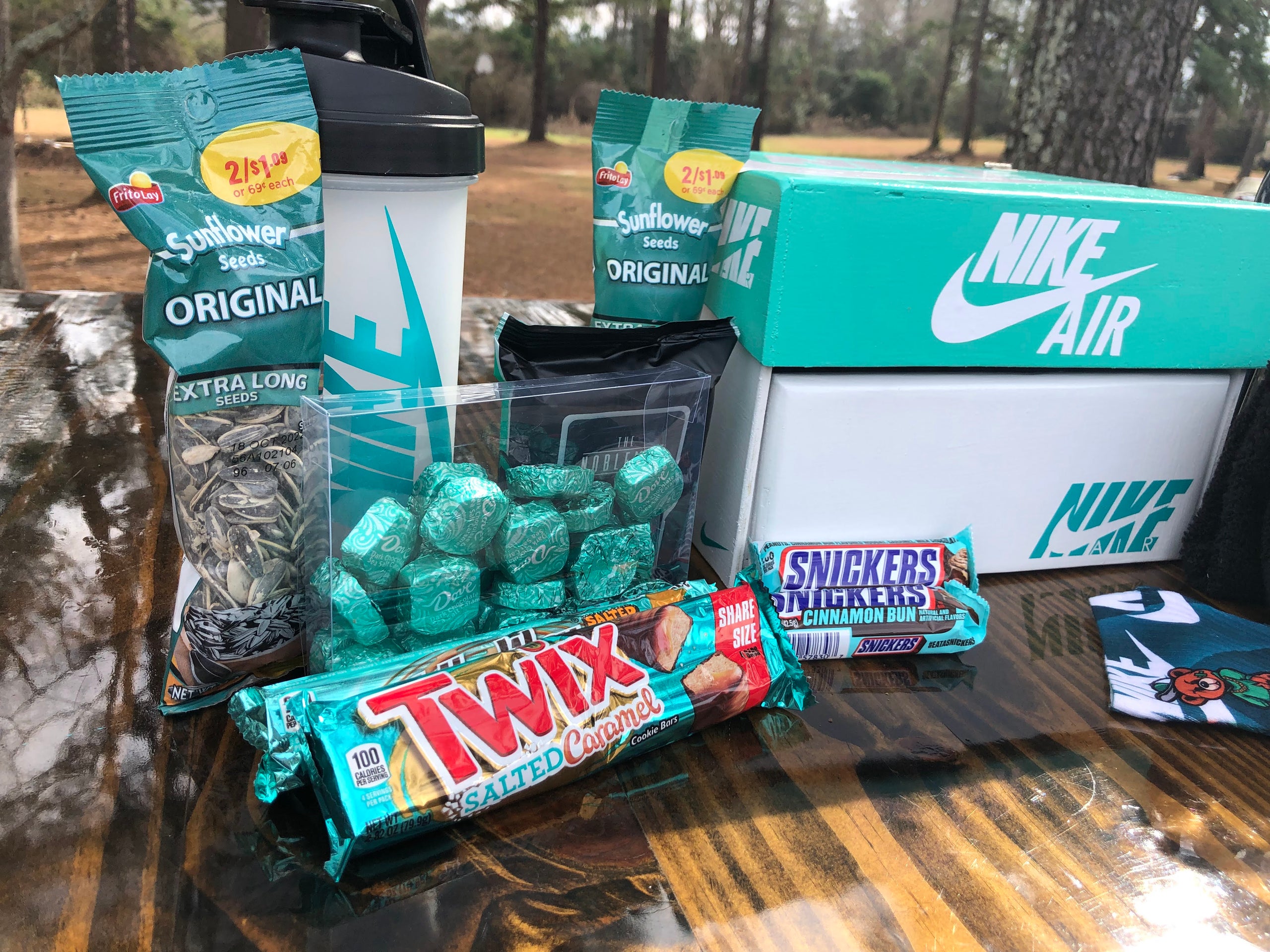 Teal Nike mini shoebox gift baskets | Kreations by MK